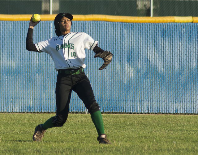 Rancho’s Jahnae Davis-Houston (10) throws the ball during the Sunrise Region softball ...