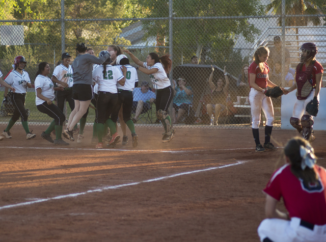 Rancho celebrates after winning the Sunrise Region softball tournament final against Coronad ...