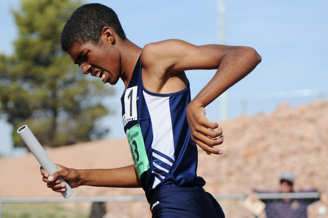 Centennial’s Bryan Espino finishes first in the boys 3,200-meter relay at the Sunset R ...