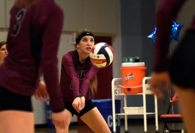 Pahrump Valley’s Bethany Calvert gets under the ball during a high school volleyball g ...