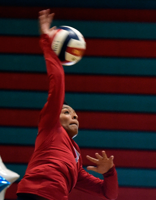 Western’s Jannessa Dunton hits the ball against Pahrump Valley during a high school vo ...