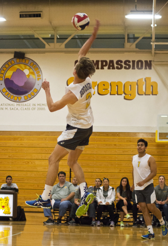 Bonanza’s Robby Adair (2) serves during the Sunset Region boys volleyball quarterfinal ...