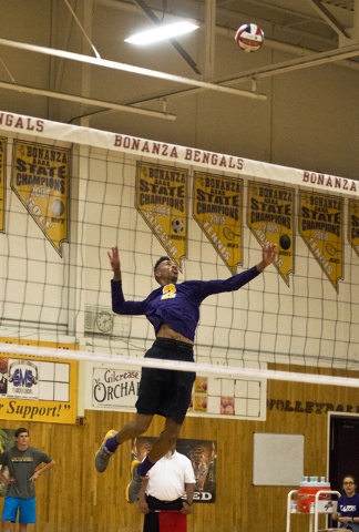 Durango’s Michael Diggins (2) hits the ball during the Sunset Region boys volleyball ...