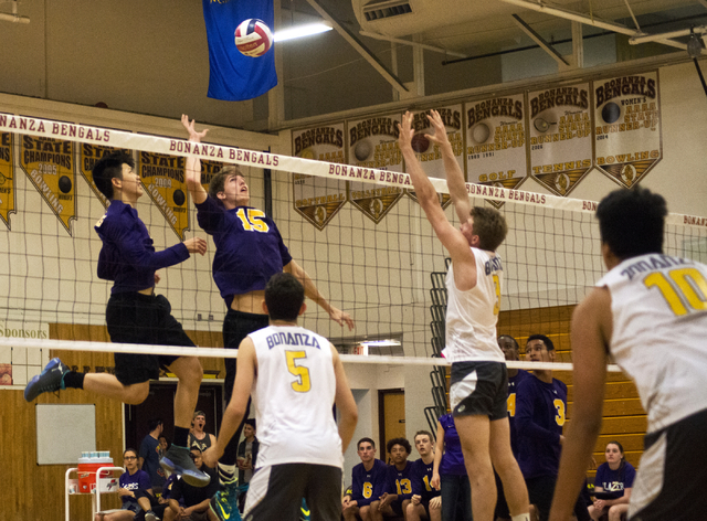 Durango’s Jason Landman (15) hits the ball during the Sunset Region boys volleyball q ...