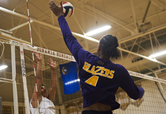 Durango’s Jaylen Clark (4) hits the ball during the Sunset Region boys volleyball qua ...