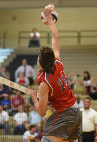 Arbor View’s Treven Clizbe (11) spikes the ball against Palo Verde during the Sunset R ...