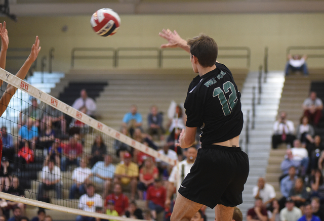 Palo Verde’s Chandler Juilfs (12) spikes the ball against Arbor View during the Sunset ...