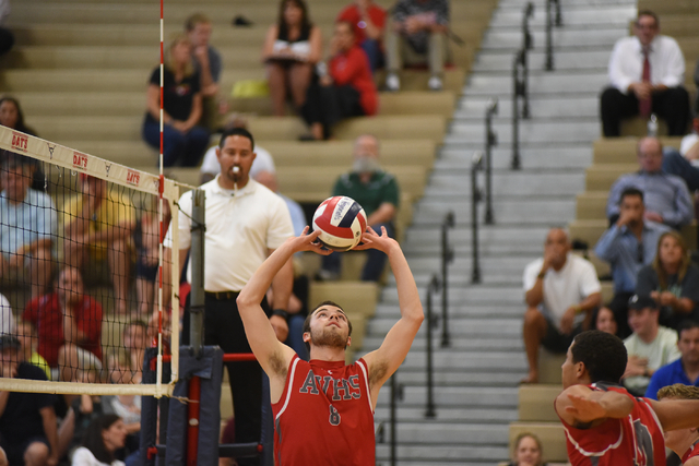 Arbor View’s Brenden Gougeon (8) sets the ball against Palo Verde during the Sunset Re ...