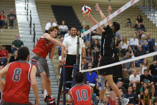 Arbor View’s Brenden Wagner (12) spikes the ball against Palo Verde during the Sunset ...