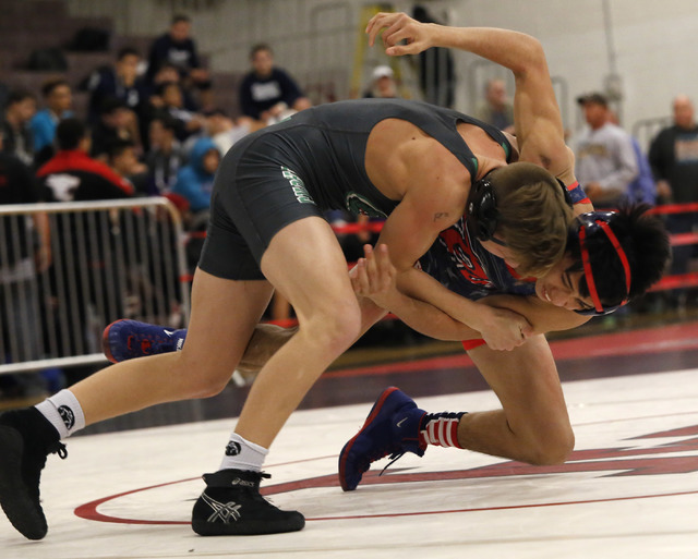 Green Valley’s Tyler Dockery, green singlet, wrestles Liberty’s Joshua Armstrong ...