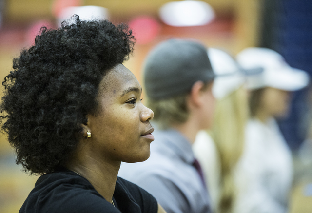 Bishop Gorman’s Skylar Jackson, left, sits with fellow student athletes expected to si ...