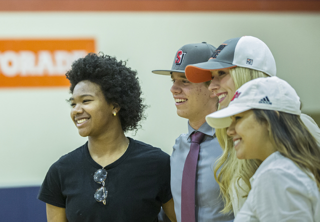 Bishop Gorman athletes Skylar Jackson, left, Jarrod Billig, Abbey Archambault and Leah Glase ...