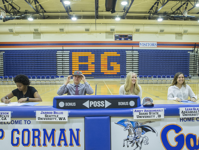 Bishop Gorman athletes Skylar Jackson, left, Jarrod Billig, Abbey Archambault and Leah Glase ...