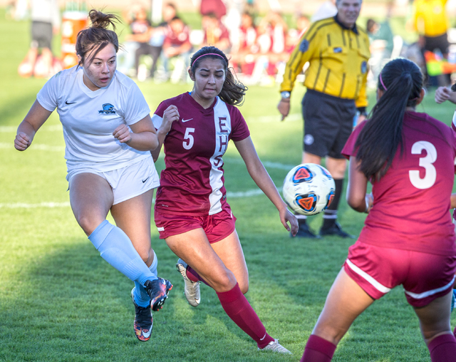 Foothill’s Adrianna Garcia (15) fights for possession with Eldorado’s Rosario He ...