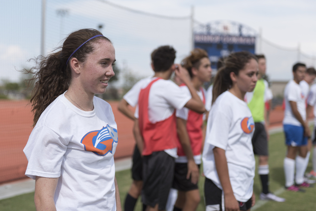 Hannah Borgel (24), left, takes a rest during girls soccer practice at Bishop Gorman High Sc ...