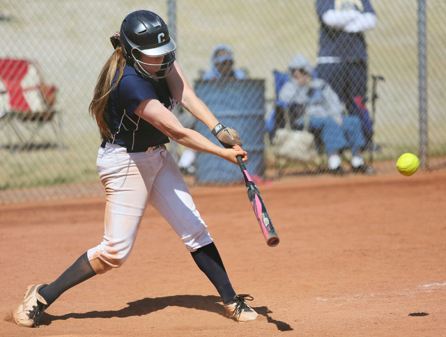 Centennial’s Lauren Stroman hits the ball against Palo Verde on Saturday. Stroman went ...