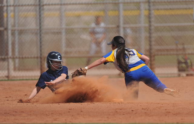 Brawley (Calif.) shortstop Hannah Rodriguez tags out Centennial base runner Skyler Ball afte ...