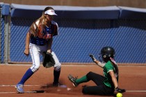 Rancho base runner Katerina Anthony safely advances to third base on a Rancho base hit as Bi ...