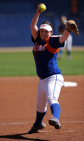 Bishop Gorman starting pitcher Samantha Stanfill delivers against Rancho in the first inning ...