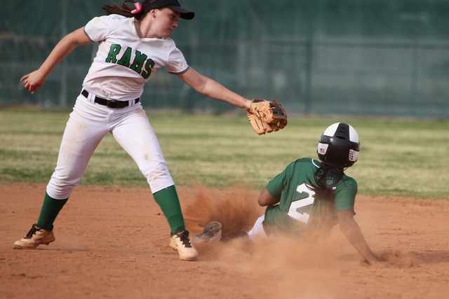 Palo Verde’s Dejanae Gage (2) slides safe to second base against Rancho at Rancho Hig ...