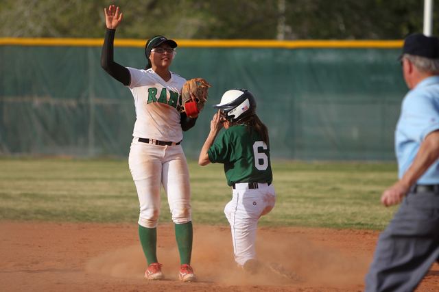 Palo Verde’s McKenzie Ryan (6) slides safe to second base against Rancho at Rancho Hig ...