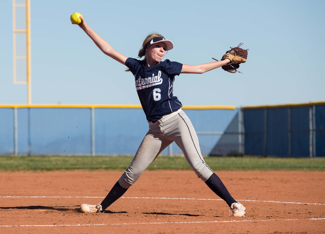 Centennial High School’s Cheyenne Cudahy pitches against Coronado on Wednesday. Cudahy ...