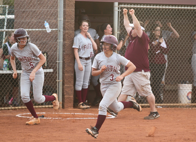 Faith Lutheran’s Bri Yee (3) runs for home plate against Boulder City on Thursday. Fai ...