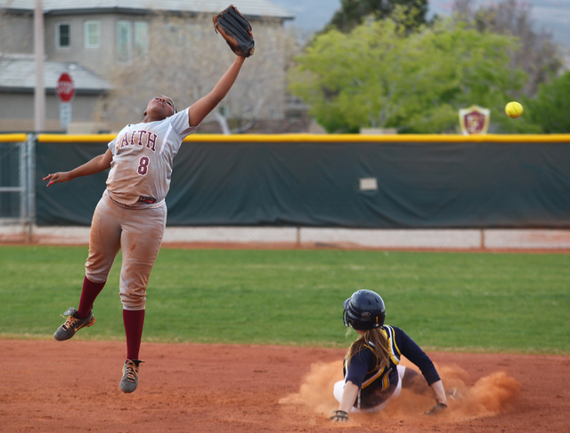 Faith Lutheran’s Cheyenne Kidd (8) can’t snag the ball as Boulder City’s K ...