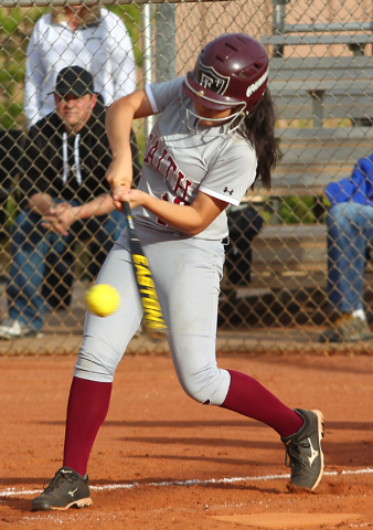 Faith Lutheran’s Vanessa Valdez hits the ball against Boulder City on Thursday. Faith ...