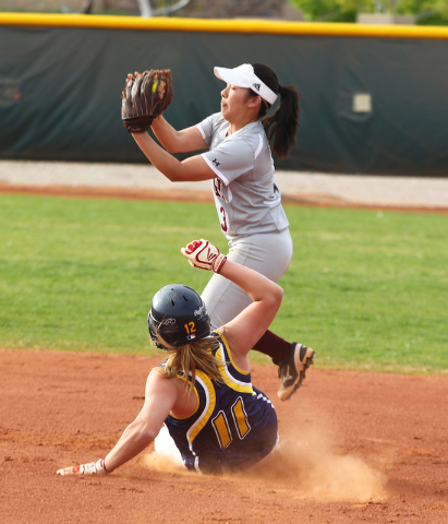 Faith Lutheran’s Bri Yee (3) catches the ball to force Boulder City’s Charlene M ...