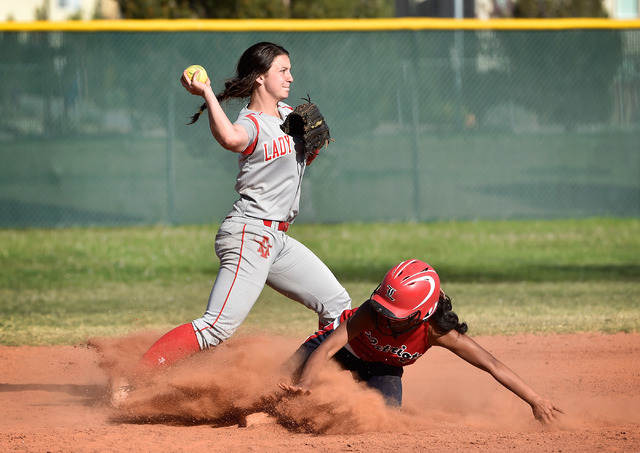 Arbor View second baseman Kellie Anderson, left, forces out Liberty’s Kelsey Camat-Tok ...