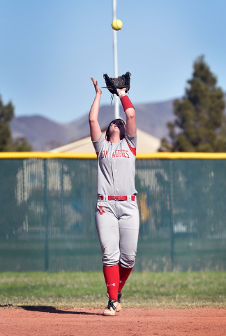 Arbor View second baseman Kellie Anderson catches a pop up against Liberty during Tuesday&#8 ...