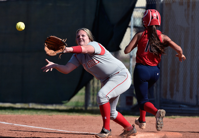 Arbor View first baseman Marissa Bachman waits for the ball as Liberty’s Ashleigh Rodr ...