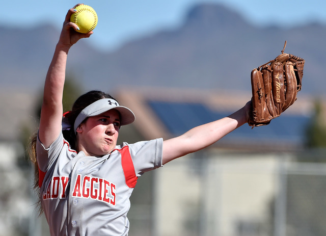 Arbor View pitcher Breanne Henricksen delivers a pitch in Tuesday’s game at Liberty. H ...