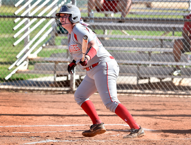 Arbor View’s Marissa Bachman watches her hit during Tuesday’s game. Bachman went ...