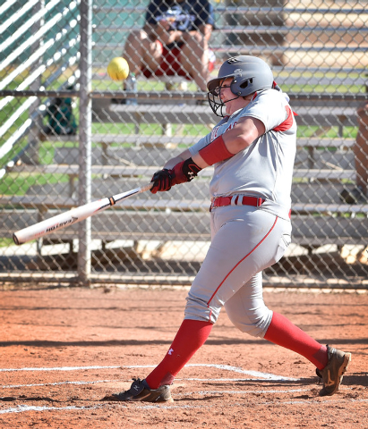 Arbor View’s Marissa Bachman connects with the ball during Tuesday’s game at Lib ...