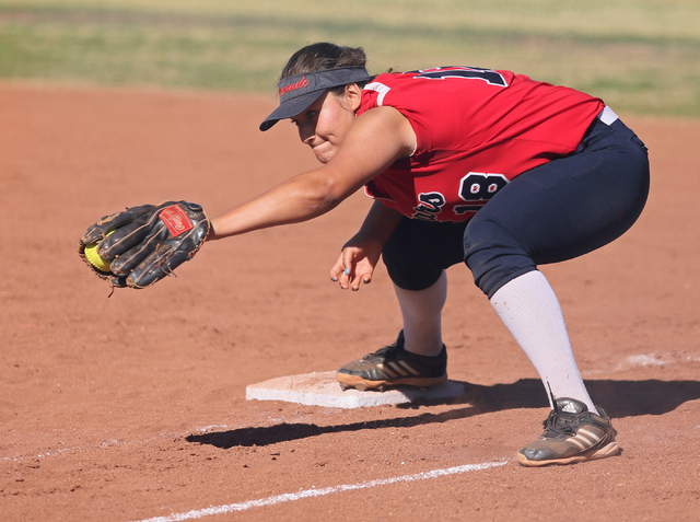 Coronado’s Jillian James makes a catch for an out at first base during a softball game ...