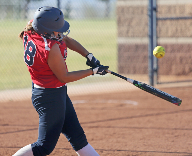 Coronado’s Jillian James hits the ball during a softball game against Rancho at Corona ...