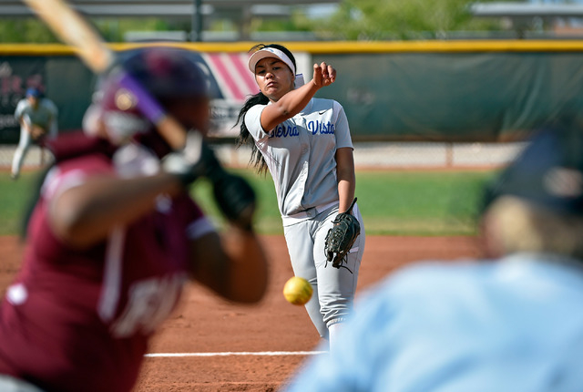 Sierra Vista pitcher Kalei Watkins delivers a pitch against Faith Lutheran during a high sch ...