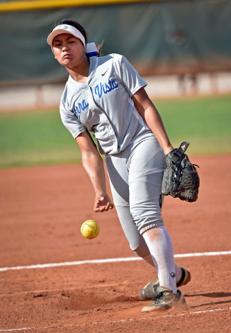 Sierra Vista pitcher Kalei Watkins delivers a pitch against Faith Lutheran during a high sch ...