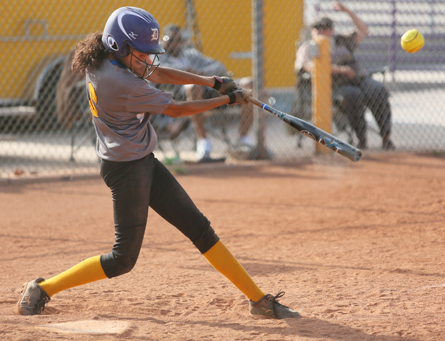 Durango’s Alia Armstrong hits the ball during a softball game against Bishop Gorman at ...