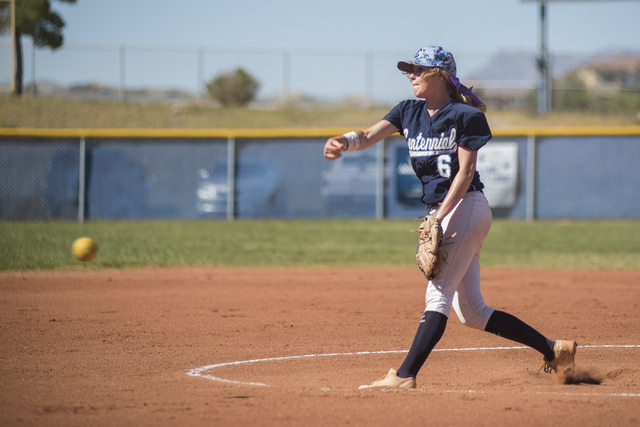 Centennial’s Cheyenne Cudahy (6) pitches to Arbor View during their softball game play ...