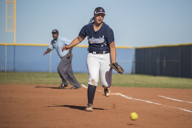 Centennial’s Brianna Benoit (17) hustles to catch a ground ball against Arbor View dur ...