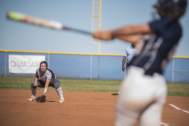 Arbor View’s Kellie Anderson (5) stays alert at first base against Centennial during t ...