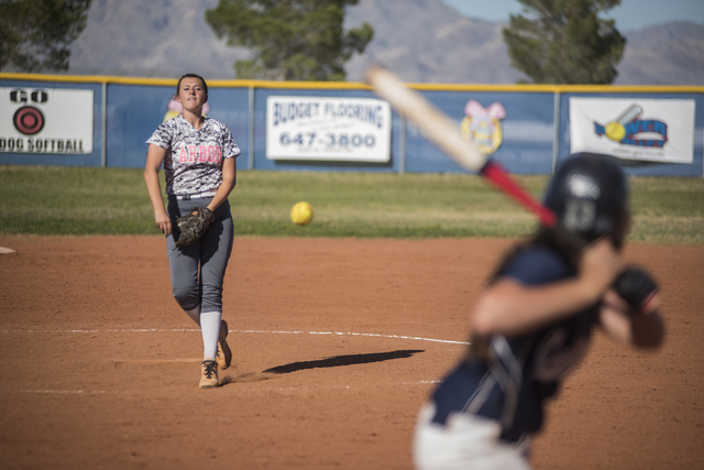 Arbor View’s Taylor Thomas (19) pitches to Centennial during their softball game playe ...