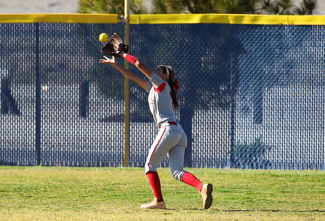 Arbor View left fielder Sarah Bradford catches a fly ball from Shadow Ridge’s Sofia Me ...