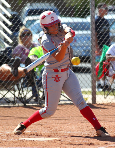 Arbor View’s Letty Valenzuela-Rodriguez takes a swing during Wednesday’s game at ...