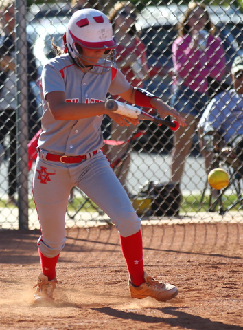 Arbor View’s Sarah Bradford lays down a bunt during Wednesday’s game at Shadow R ...