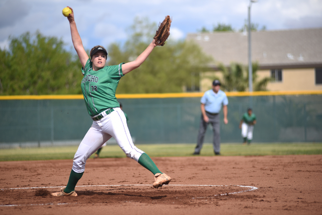 Rancho’s Sam Pochop (72) pitches against Coronado during their softball game played at ...