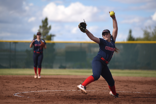 Coronado’s Ashley Ward (7) pitches against Rancho during their softball game played at ...